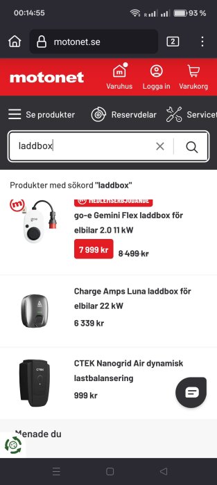 Skärmbild av en webbsida som visar laddboxprodukter, inklusive go-e Gemini Flex för 7999 kr och Charge Amps Luna för 6339 kr, samt CTEK Nanogrid Air.