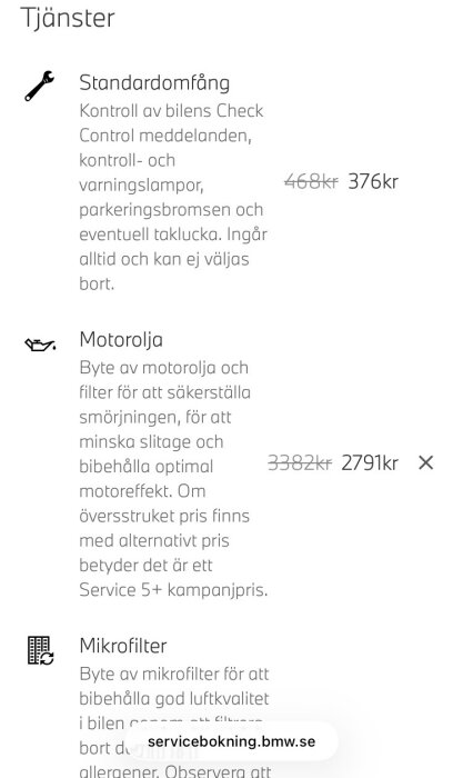 Pristabell för BMW-tjänster inklusive standardomfång, motorolja och mikrofilter med rabatterade priser.