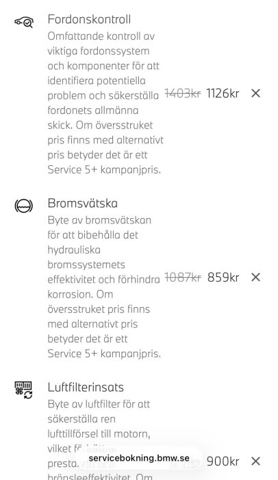 Prislista för BMW-service: fordonskontroll 1126kr, bromsvätska 859kr, luftfilter 900kr, med kampanjpriser jämfört med ordinarie.