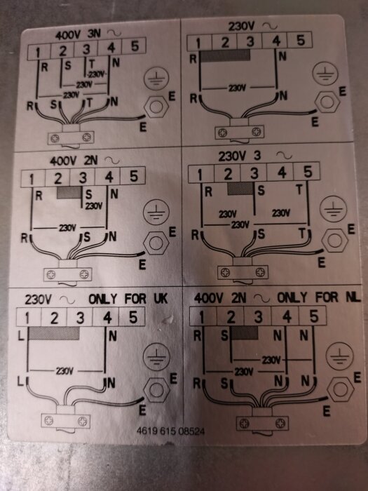 Kopplingsschema för häll på 6.5 kW, visar olika spänningsalternativ för installation inklusive 230V och 400V, samt markeringar för kontakter.