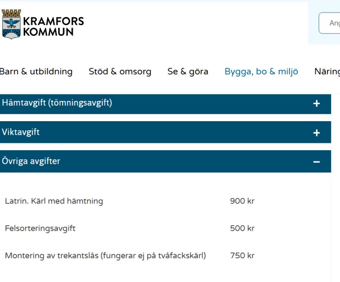 Kramfors kommuns avgifter, inkl. felsorteringsavgift på 500 kr, latrinavgift på 900 kr och montering av trekantslås för 750 kr.