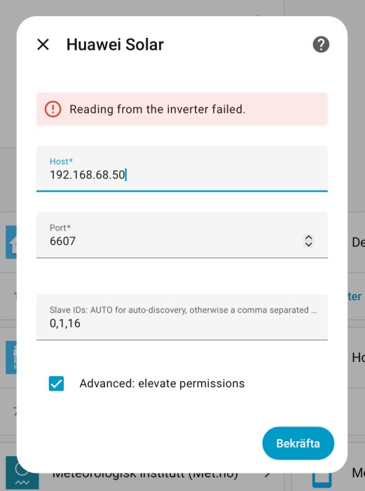 Huawei Solar app med felmeddelande "Reading from the inverter failed" och nätverksinställningar inklusive IP-adress, port och avancerade behörigheter.