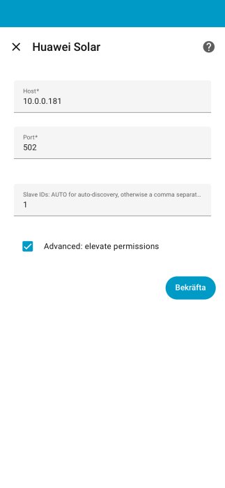 Huawei Solar inställningar: Host 10.0.0.181, Port 502, Slave IDs 1, avancerade behörigheter aktiverade.