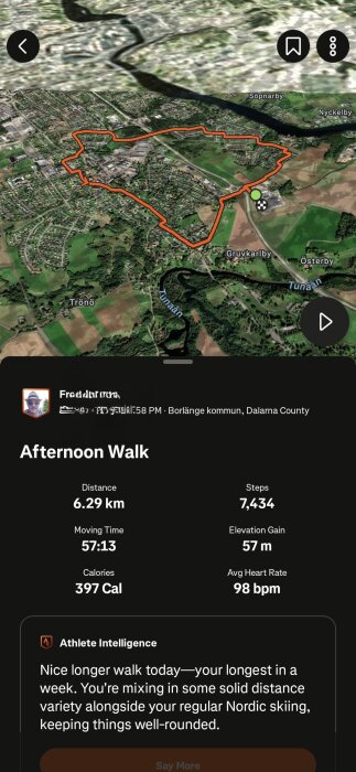 Karta över en promenadrunda i Borlänge kommun, Dalarna, 6,29 km lång med statistik som tid, steg, höjdökning och kaloriförbränning.