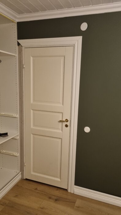 Vit dörr med mässingshandtag, bredvid grön vägg och vit bokhylla. Taket och golvet har vita lister.