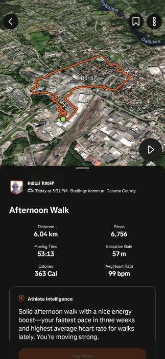 Karta som visar en promenadrutt i Borlänge, med statistik: 6,04 km, 6756 steg, 363 kcal, 99 bpm, 57 m höjdökning, tid 53:13.