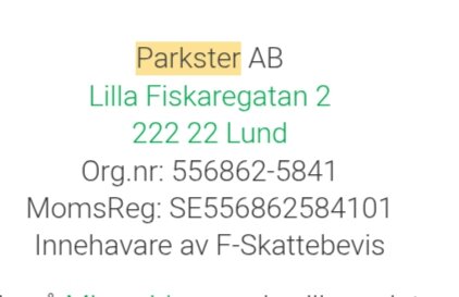 Fakturadel med företagsnamn Parkster AB, adress Lilla Fiskaregatan 2, 222 22 Lund, och organisationsnummer samt momsregistreringsnummer.