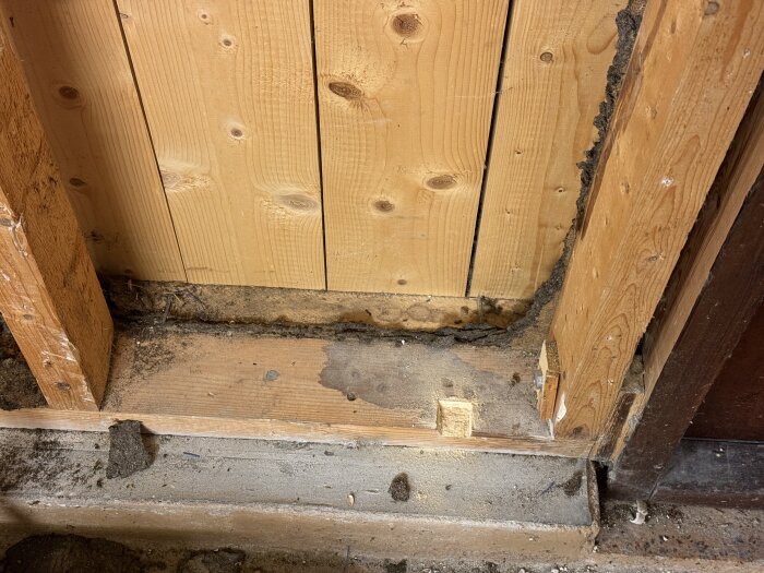 Träreglar i ett garage med fuktfläckar och mörka avlagringar i hörnen på syllen, tecken på möjlig fuktskada eller råttaktivitet.