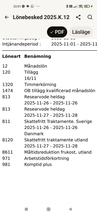 Lönebesked för 2025.K.12 med poster som månadslön, tillägg och timmerkörning visas på en mobilskärm.