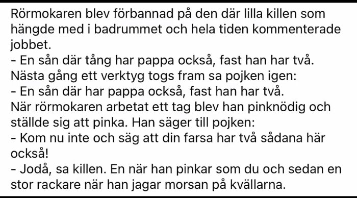 Text om en rörmokare och en pojke som diskuterar verktyg och humor i badrummet.