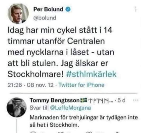 Skärmdump av en tweet där en person uttrycker glädje över att deras cykel inte blev stulen, med svar om barncykelmarknaden i Stockholm.