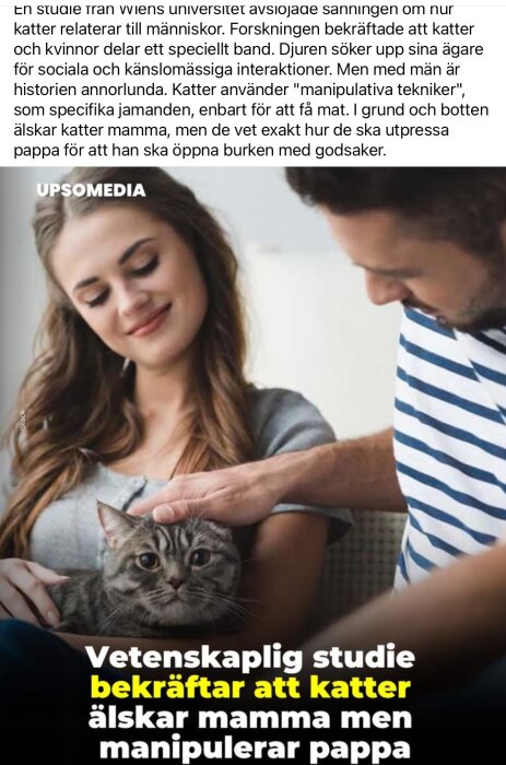 En kvinna och en man sitter med en katt i famnen. En vetenskaplig studie om katters relation till människor diskuteras.