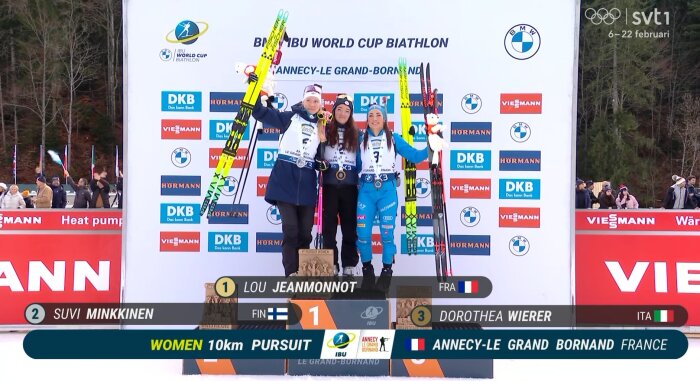 Tre skidskyttedeltagare står på pallen efter tävlingen IBU World Cup i Annecy-Le Grand-Bornand, omgivna av skyltar och publik.