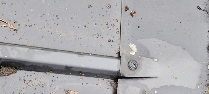 Närbild av en svart takplåt med ett skruvfäste. Där finns vatten, småsten och mossa i området runt plåten.