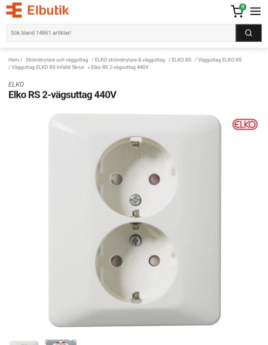 Eluttag Elko RS 2-vägs 440V med två runda uttag, visas på en onlinebutikssida.