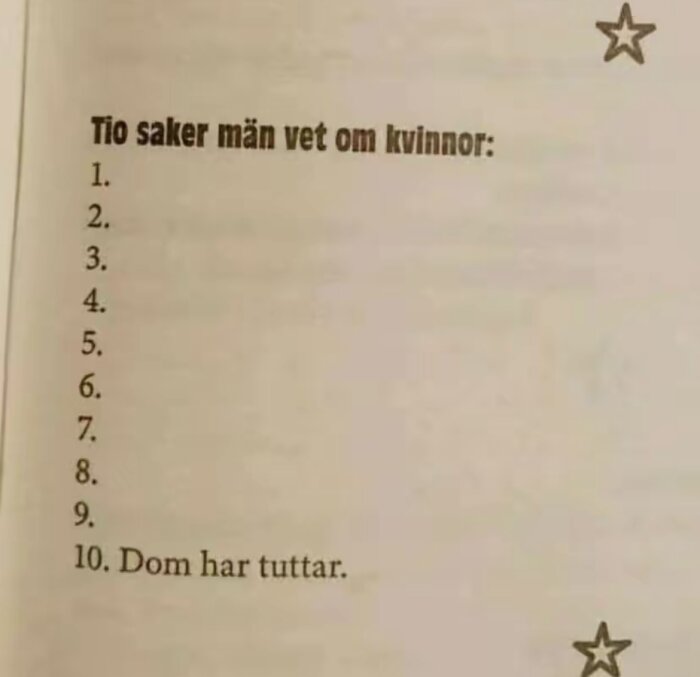 Lista med tio saker män vet om kvinnor, där nummer tio är "Dom har tuttar.