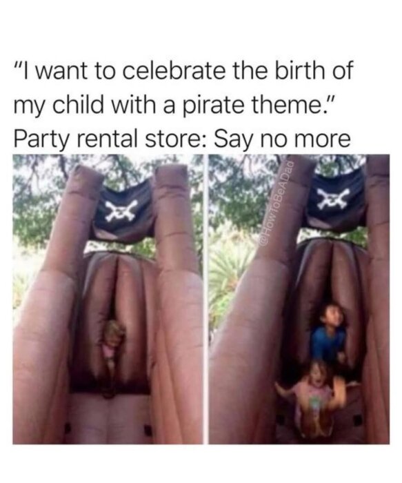 En uppblåsbar piratrutschkana med barn som åker nedför den, samt text om ett pirattema för barnkalas.