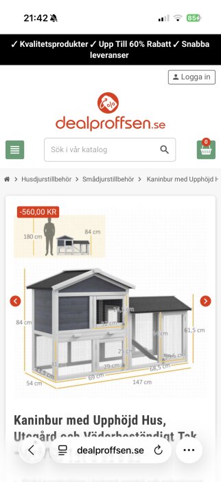 Kaninbur med upphöjt blått hus och måttangivelser, utgård till höger, på dealproffsen.se.