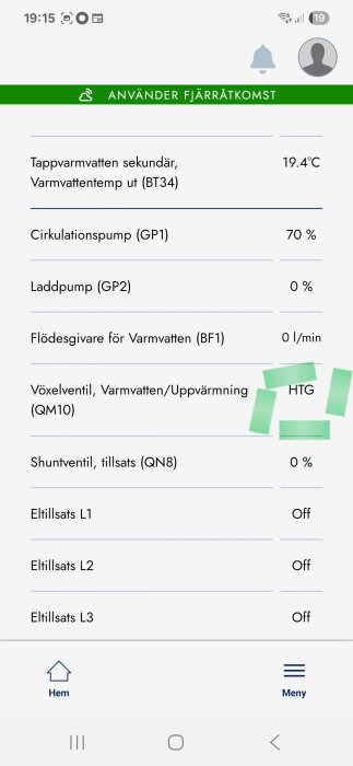 Skärmbild av ett kontrollsystem där växelventilens status visar "HTG" istället för "ON" eller "OFF". Cirka 19,4°C varmvattentemperatur.