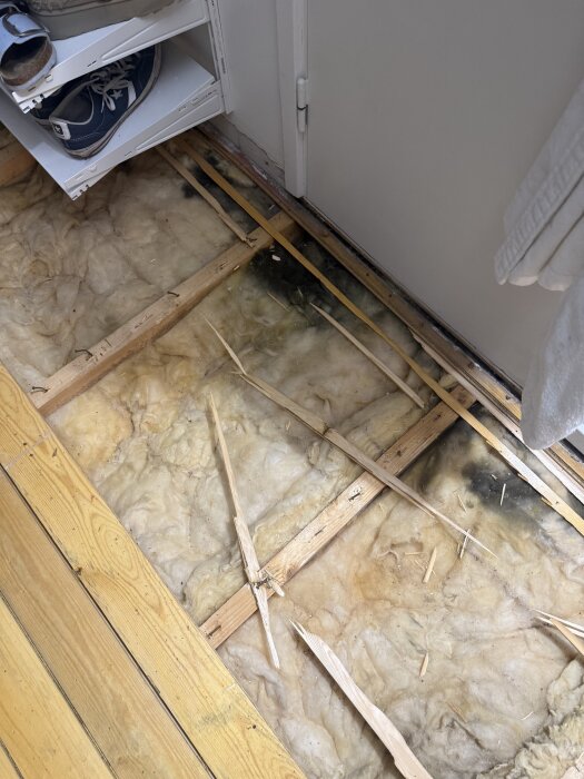 Konstruktionsgolv från ett renoveringsprojekt med fukt och skadad isolering synlig under träbjälkar.