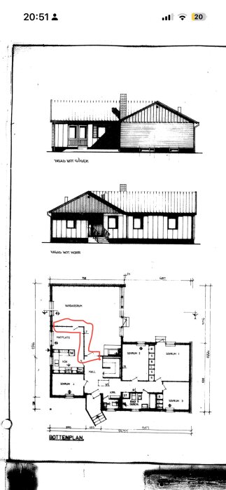 Arkitektritning av husplan med rödmarkerad innervägg för rivning; visar placering mellan matplats och hall.