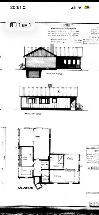 Byggnadsritning med väst- och östfasad samt källarplan, visar rum och mått på ett hus.