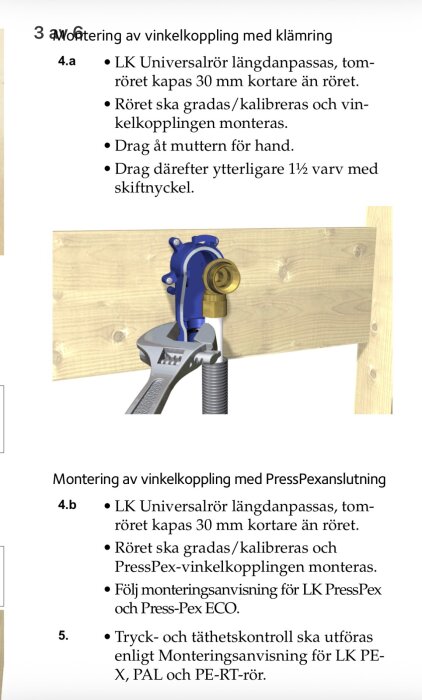 Illustration av vinkelkopplingsinstallation med klämring, inklusive rör och skiftnyckel i trävägg.