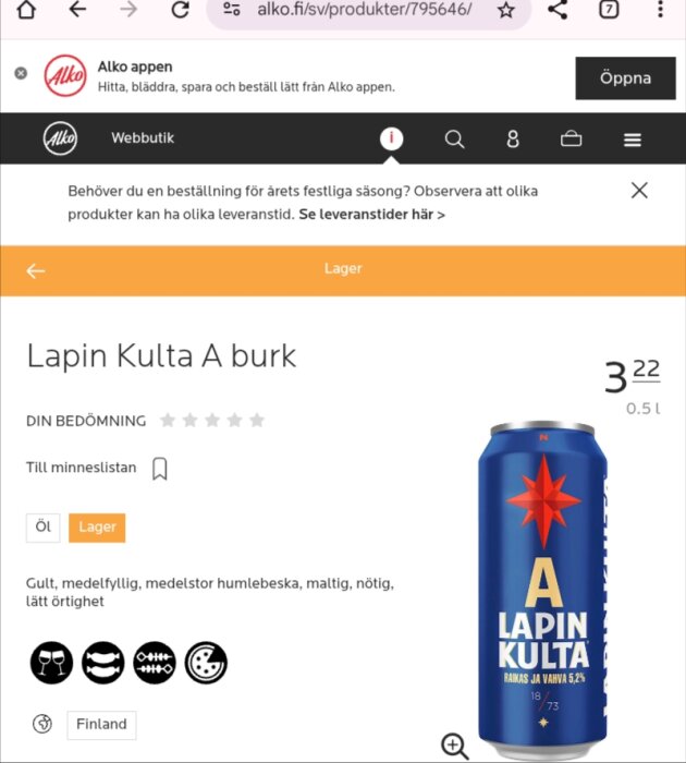 Blå ölburk med röda stjärnlogotypen för Lapin Kulta på Alkos webbplats, pris angivet som 3,22 euro för 0,5 liter.