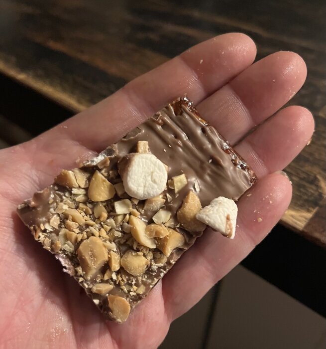 Hand håller en chokladbit toppad med marshmallows och hackade nötter.