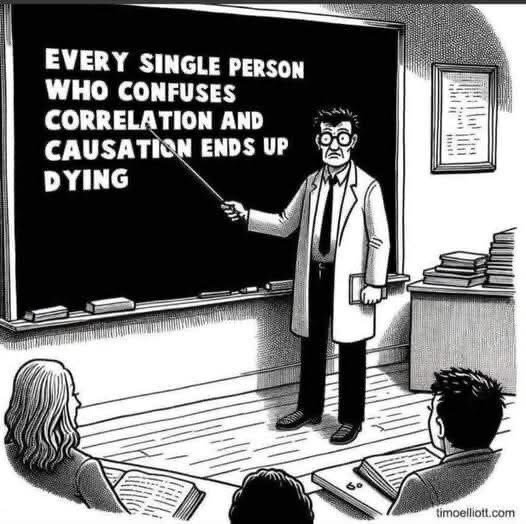 En tecknad person pekar på en tavla med texten "Every single person who confuses correlation and causation ends up dying" inför en åhörarskara.