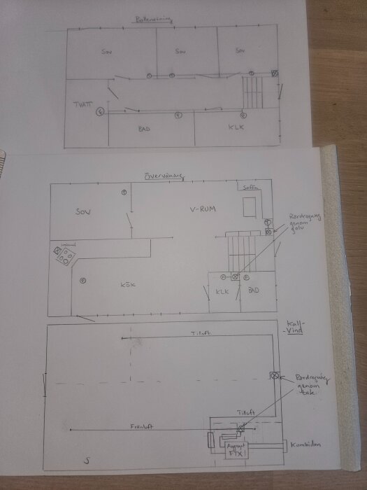 Skiss av husets planritning med rördragning för FTX-system, visar övervåning och bottenplan med tilluft och frånluft markerade, aggregat placerat på kallvinden.
