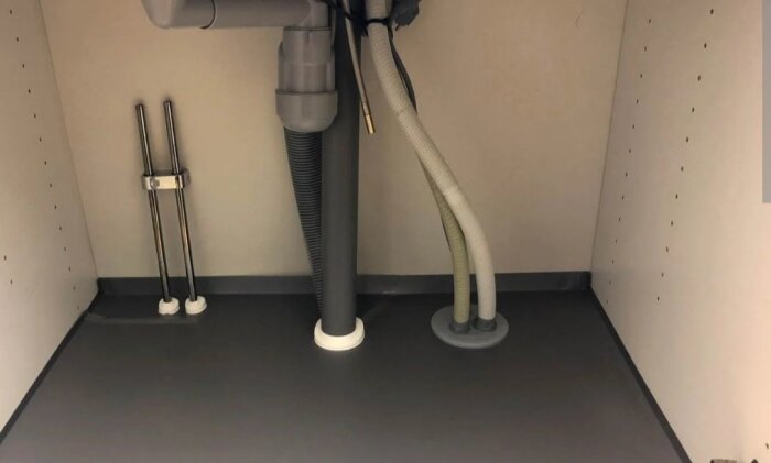 Under diskbänken med rör, slangar och avloppssystem, visar ledningar som passerar genom bänkens botten.