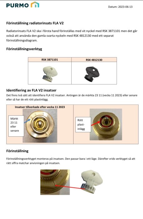 Bild av förinställningsverktyg för radiator, inklusive nycklar märkta RSK 3871101 och RSK 4812130, samt instruktioner för identifiering och användning.