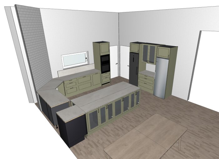 3D-modell av kök med köksö, grå och gröna skåp, samt fönster ovan bänkskivan. Diskbänk mellan häll och ugn/mikro. Kylskåp och frys till höger.