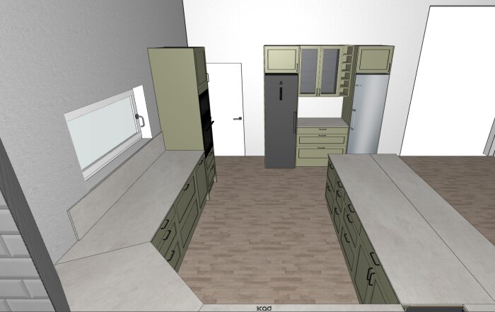 3D-ritning av kök med U-formad layout, köksö i mitten, bänkar längs väggar, och högskåp med inbyggd kyl och frys. Golvet är i ljus träfinish.