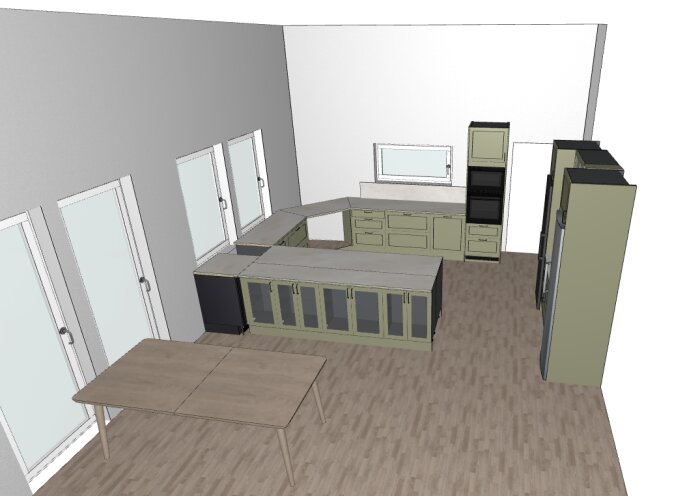 3D-ritning av kök med köksö, bänkskåp, kyl/frys och ugn/mikro. Fönster längs ena väggen, trägolv och öppen planlösning.
