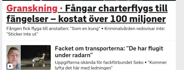 Artikelrubrik om granskning av kostsamma charterflyg för fångtransporter, med inslag av intervju och en bild av ett flygplan.