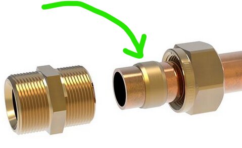 Rörkoppling med klämring markerad med grön pil. Lossa muttern för att ta bort klämringen. Används på mjuka glödgade prisolrör.