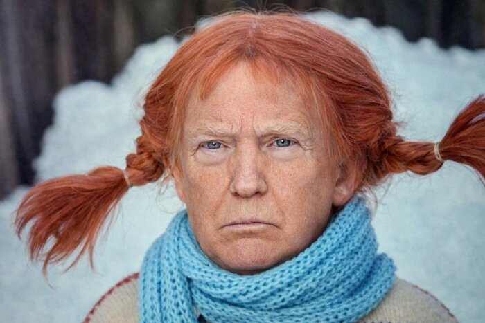 En person med rött hår i flätor och en blå halsduk, photoshopad med vuxet ansikte.