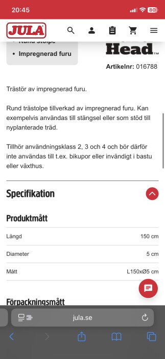 Skärmdump av en JULA-produktbeskrivning för en rund trästolpe av impregnerad furu, med specifikationer och användningsklass.