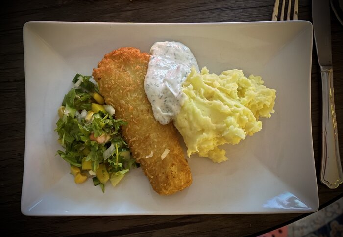 Panerad fisk med krispig yta, citron- och dillsås, hemgjort potatismos, och sallad serverade på en vit tallrik.
