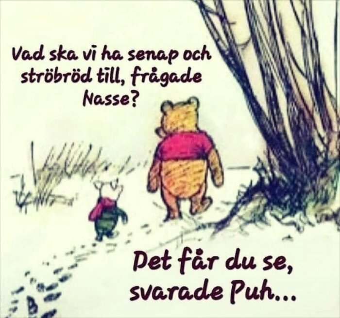Tecknad bild av en björn i röd tröja och en liten gris som går i skog. Text handlar om senap och ströbröd.