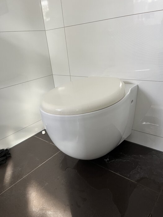 Vägghängd toalett med stängt lock, vit kaklad vägg och mörkt klinkergolv.