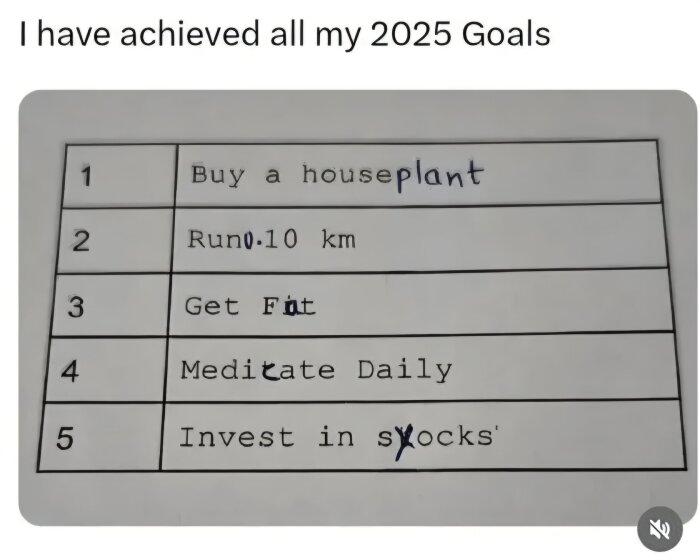 Lista med humoristiska mål för 2025 där ord är överstrukna och ersatta: "Buy a houseplant", "Run 10 km", "Get fit", "Meditate daily", "Invest in socks".