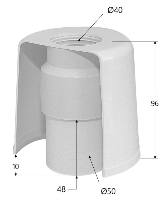 Vitt VVS-komponent med måttanvisningar, visar röranslutning med 40 mm och 50 mm diameter, totalt 96 mm höjd.
