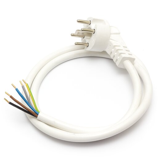Vit elektrisk kabel med trepolig kontakt i ena änden och exponerade ledningar i olika färger i andra änden.