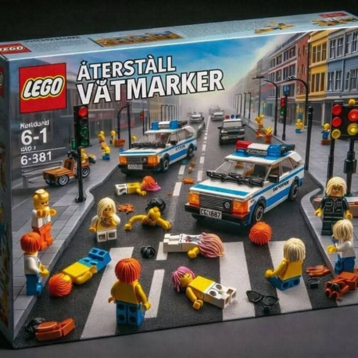 Lego-set "Återställ Vätmarker" med polisbilar, figurer och stadsscen.