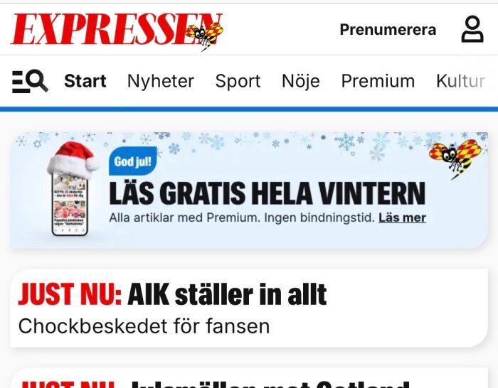 En Expressen-webbsida med nyhetsrubriken "JUST NU: AIK ställer in allt," vilket innebär ett chockbesked för fansen.