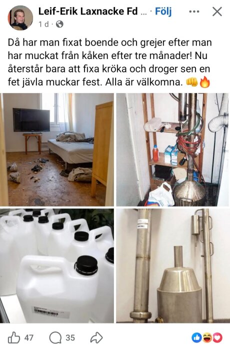 Rörig lägenhet med TV och säng, ett hembränningsapparat med slangar och redskap, vita plastdunkar med svarta lock, metallrör och utrustning.