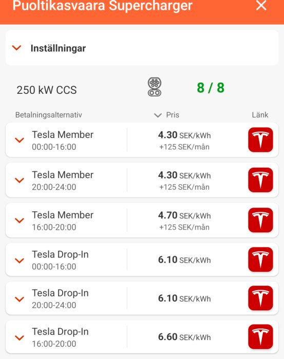 Prislista för Tesla Supercharger vid Puoltikasvaara, visar kostnad per kWh för Tesla-medlemmar och drop-in-användare vid olika tidpunkter.